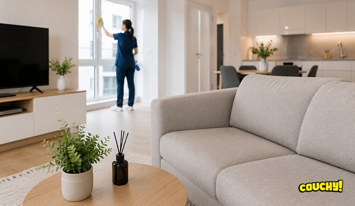 doamna care sterge geamurile intr-un apartament